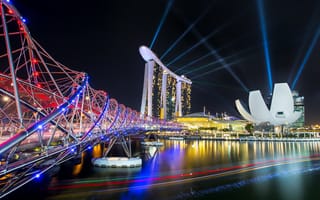 Обои ночь, огни, мост, сингапур, отель, marina bay sands