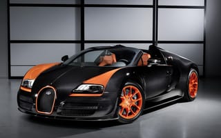 Картинка бугатти-вейрон, bugatti-veyron, оранжевый, площадка, черный