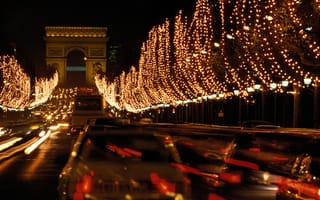 Картинка ночь, новый год, триумфальная арка, париж, гирлянды