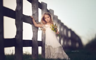 Картинка цветы, девочка, платье, дети, настроение, забор
