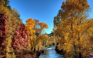 Картинка деревья, желтые листья, камни, горы, речка, осень