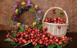 Картинка цветы, вишня, черешня, ягоды, венок, корзина, листья, натюрморт
