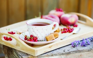 Картинка ягода, поднос, сладкое, смородина, красная, чашка, утренний чай, чай, пирожное