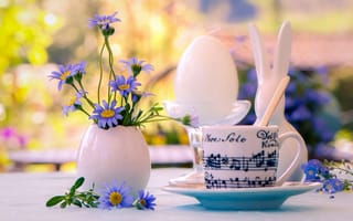Картинка цветы, пасхальный кролик, ваза, натюрморт, кофе, кружка
