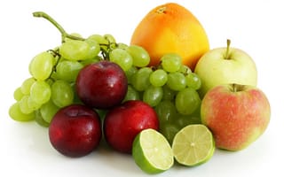 Обои виноград, фрукты, ягоды, лайм, сливы, апельсин, яблоки