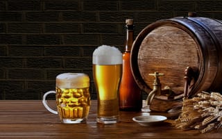 Картинка бокал, бочонок, кружка, пиво, бутылка, кружка пива, колосья
