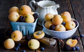 Картинка фрукты, ягоды, черника, абрикосы, ежевика, anna verdina, натюрморт