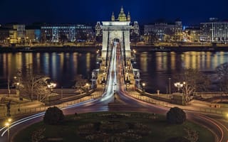 Обои венгрия, ночь, огни, дунай, будапешт, цепной мост