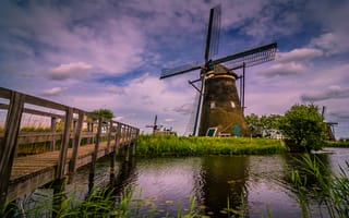Картинка трава, нидерланды, ветряная мельница, река, киндердейк, канал, природа, пейзаж, мост