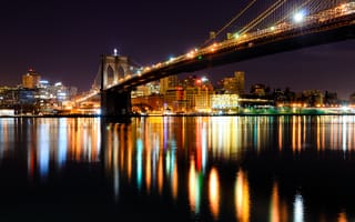Картинка ночь, река гудзон, отражение, бруклин, нью-йорк, зеркало, огни, сша, бруклинский мост