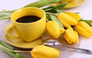 Картинка цветы, жёлтая, завтрак, чашка, тюльпаны, тульпаны, кофе, кубок