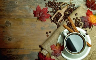 Обои листья, кофе, корица, чашка, осен, осень, бобы, кубок