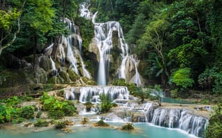 Картинка деревья, лес, kuang si waterfall, лаос, природа, водопад, скалы