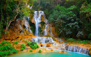 Картинка деревья, водопад, лаос, kuang si waterfall, природа, скалы, лес