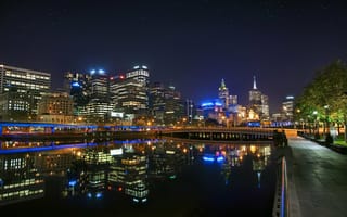 Картинка Мельбурн, река, мост, Австралия, ночь, отражение