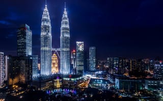 Картинка красота, здания, ночь, небоскребы, освещение, малайзия