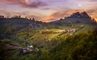 Картинка Облака, Весна, деревня, утро, холмы, Румыния