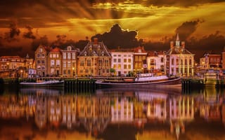 Картинка нидерланды, ночь, канал, Голландия, дома, городской пейзаж