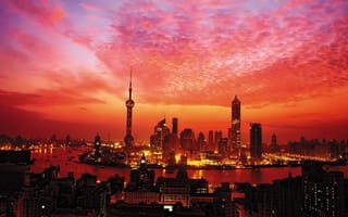 Картинка китай, города, красиво, шанхай, красные облака