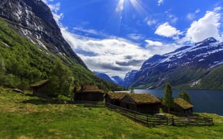 Картинка Облака, домики, лучи солнца, nordfjord, Норвегия