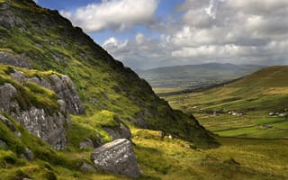 Картинка ireland, поля, .., склоны, графство Керри, вид, дома, Ирландия, County Kerry, valley, Облака