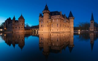 Обои Вода, De Haar, ночь, освещение, замок, нидерланды