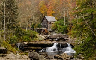 Картинка осень, водяная мельница, потоки