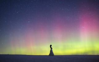 Картинка northern lights, wedding dress, snow, woman, Aurora borealis, winter