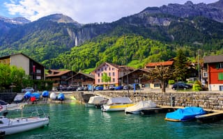 Картинка швейцария, лодки, дома, Lake Interlaken