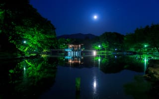 Картинка Япония, Вода, фонари, ночь, пруд, Ukimido