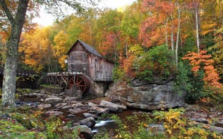 Картинка осень, сша, babcock state park, кусты, ручей, водяная мельница