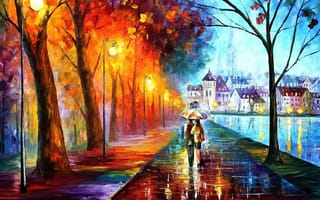 Картинка umbrella, couple, autumn, painting