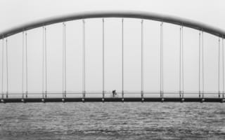 Обои bridge, water, black and white, bicycle, architecture, suspension, ocean