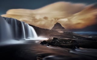 Картинка Исландия, Киркьюфетль, водопад, тучи