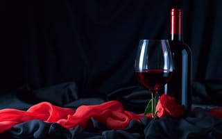 Картинка ткань, Чёрная, цветок, бокал, бутылка, вино, красная