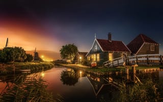 Картинка нидерланды, свет, домики, канал, мостик