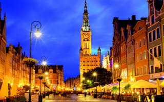 Картинка Gdańsk, дома, ночь, улица, польша, фонари