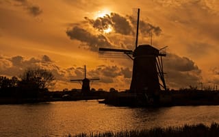 Картинка ветряная мельница, Киндердейк, канал, нидерланды
