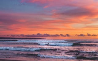 Картинка seaside, surfers, Surfing, dusk, Twilight, seascape, Sunset, beach, waves, Extreme Sport
