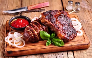 Картинка базилик, соус, мясо, стейк, лук