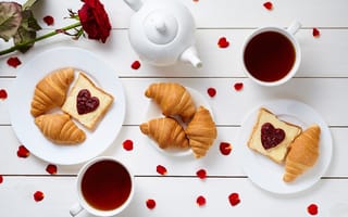 Картинка завтрак, кофе, cup, круассан, сердечки, breakfast, croissant, heart, coffee, rose