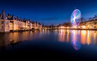 Картинка нидерланды, дома, ночь, фонари, набережная, Hague