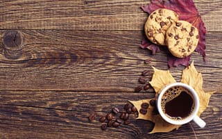 Картинка autumn, осень, book, кофе, cookies, cup of coffee, leaves, wood, fall
