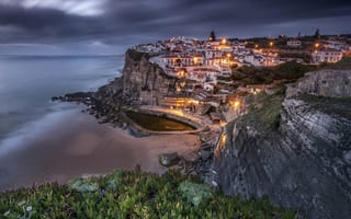 Картинка Вечер, Португалия, Синтра, огни, Azenhas do Mar, побережье