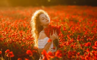 Картинка цветы, maki, Ульяна Мизинова, рыжеволосая, поле, девушка, букет, #рыжая, настроение
