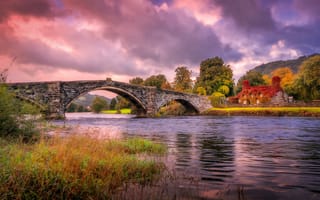 Картинка дома, природа, небо, осень, уэльс, мост, река