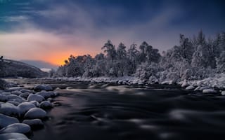 Картинка закат, река, зима
