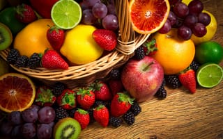 Картинка клубника, ежевика, яблоки, виноград, фрукты