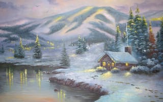 Картинка Thomas kinkade, живопись, картина, olympic mountain evening, пейзаж