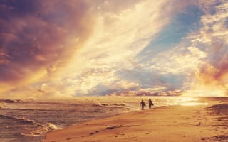 Картинка небо, пляж, люди, берег, песок, горизонт, прогулка, Море, серфинг, волны